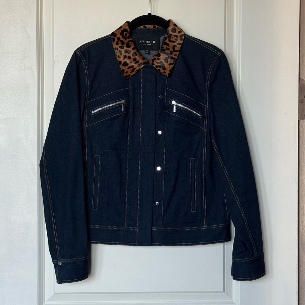 Lafayette 148 Kesha Denim Jacket Calf Hair Collar,Sz XS